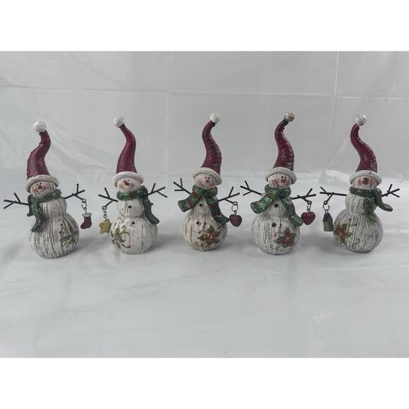 Primitive Folk Art Snowman Christmas Winter Holly Rustic Set Of 5 6” - Picture 1 of 7